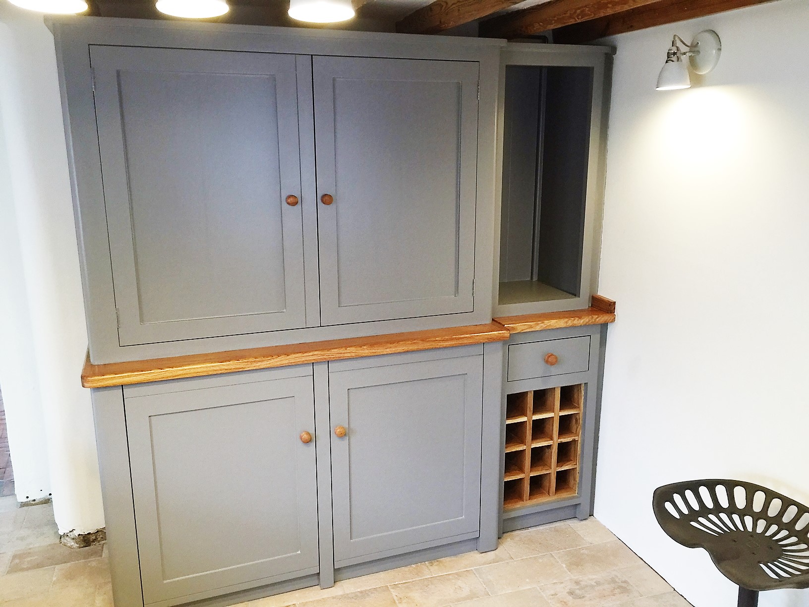 Solid wood shaker style kitchen units hand built with belfast sink.