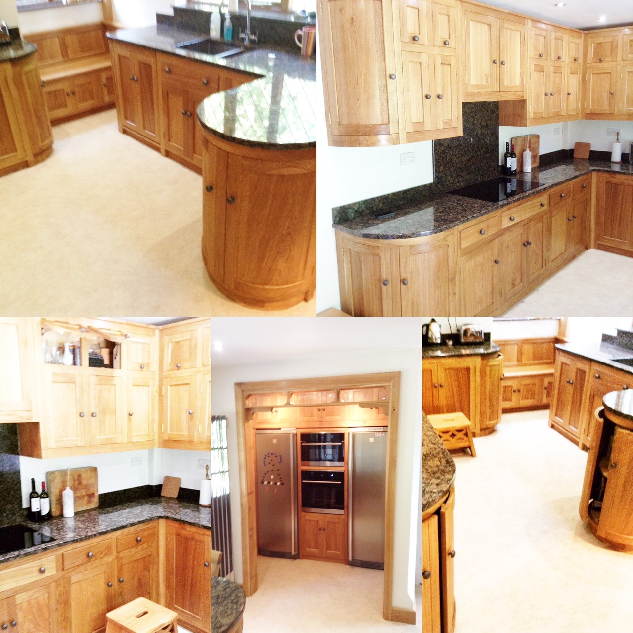 Fully bespoke shaker style fitted kitchen hand built from solid wood featuring curved cupboard. 
